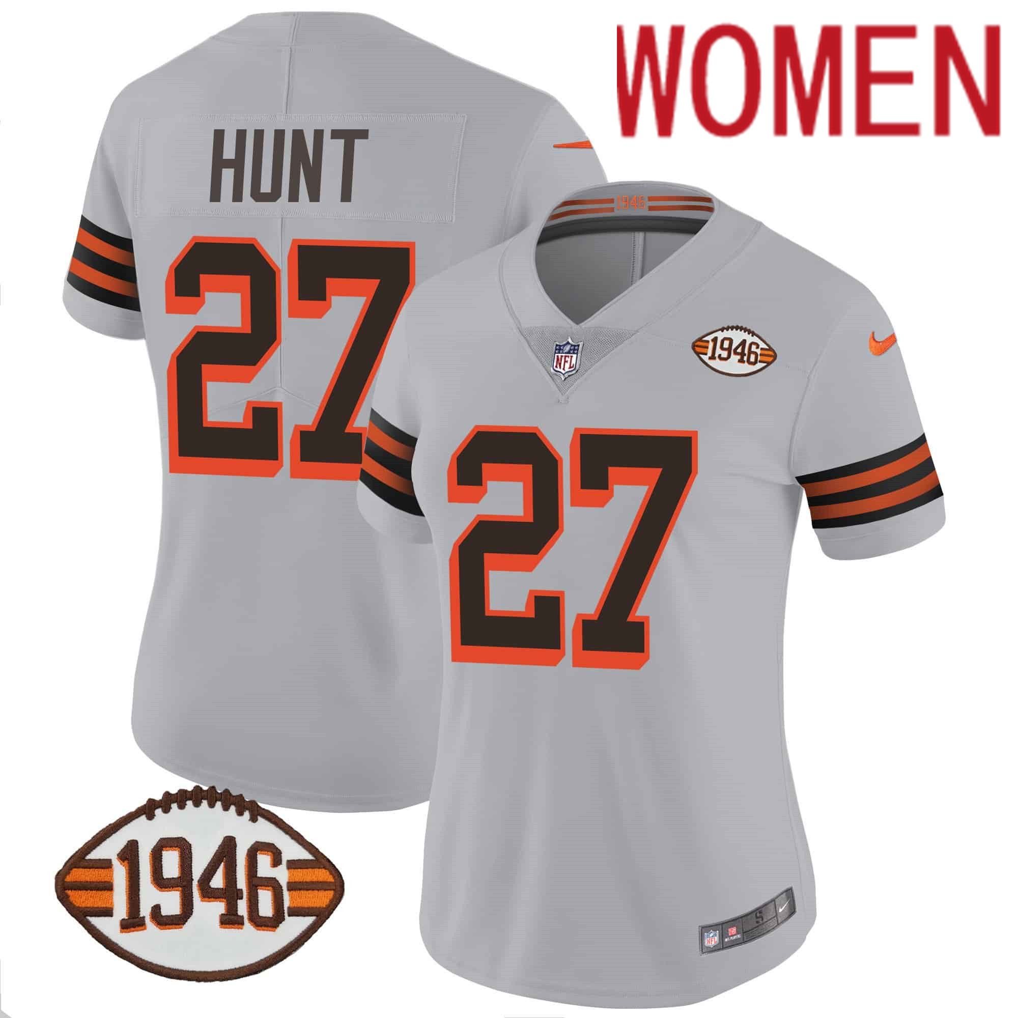 Women Cleveland Browns 27 Hunt Grey 1946 75th Anniversary Patch 2024 Nike NFL Jersey